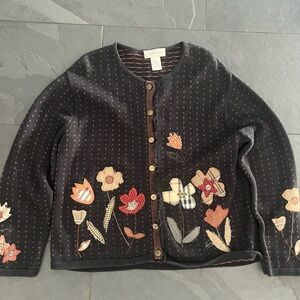 Vintage SusanBristol Black&brown Striped Sweater floral embroidered patchwork XL